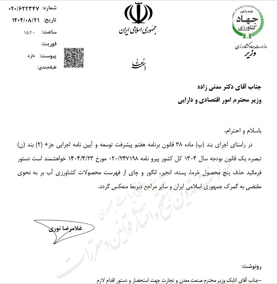 خروج ۵ محصول کشاورزی از فهرست صادرات آب بر